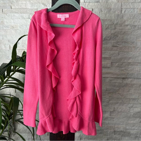 Lilly Pulitzer Pink Ruffled Cotton Open Front Cardigan Girls Size M - Picture 1 of 6